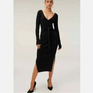 Good American Ribbed Knit Long Sleeve Belted Sweater Midi Dress